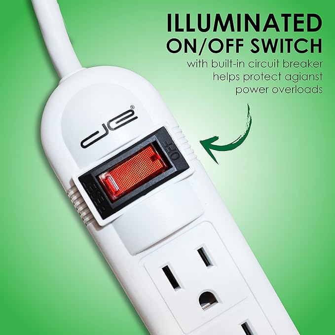 Digital Energy 6-Outlet Surge Protector Power Strip with 25-Ft Long Extension Cord, White, ETL Listed, UL Standard