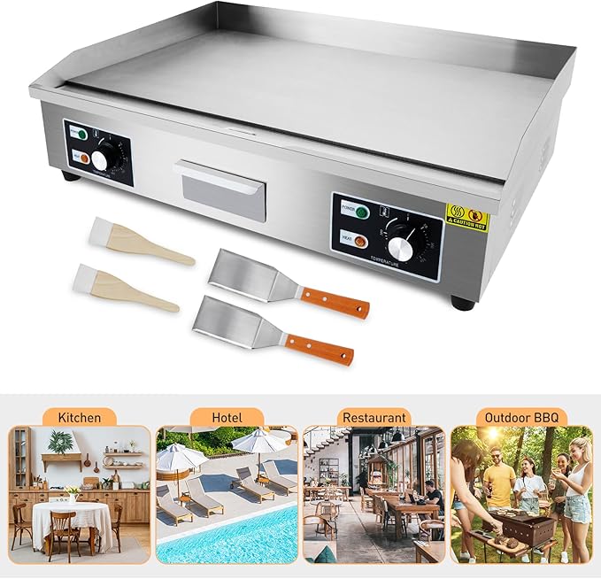GarveeHome 29 in Stainless Steel Electric Griddle, 3000W Non-Stick Commercial Flat Top Grill, 122℉-572℉ Temperature Adjustable, Countertop Teppanyaki Grill for Indoor Outdoor, Silver