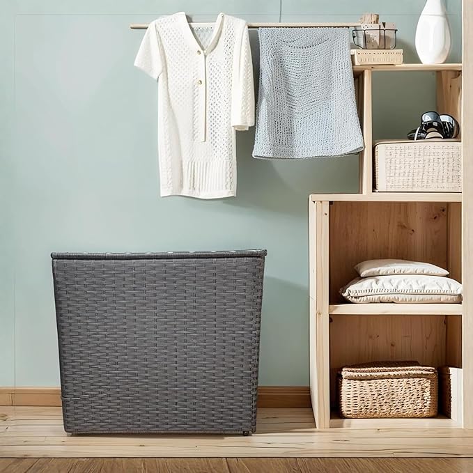 Laundry Hamper Wicker With Lid and Wheels, Collapsible Rattan Clothes Hamper 29 Gal (110 L) Removable Linerdouble Laundry Basket Handwoven for Clothes Storage in Bedroom(Brown)
