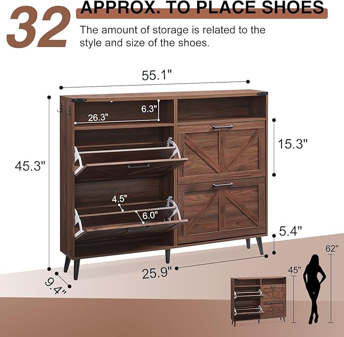 Shoe Storage Cabinet,Farmhouse Shoe Organizer with 4 Flip Drawers & Barn Door Design,Freestanding Hidden Slim Narrow Shoe Rack Cabinet with Open Shelves for Entryway,Foyer,Hallway,Walnut