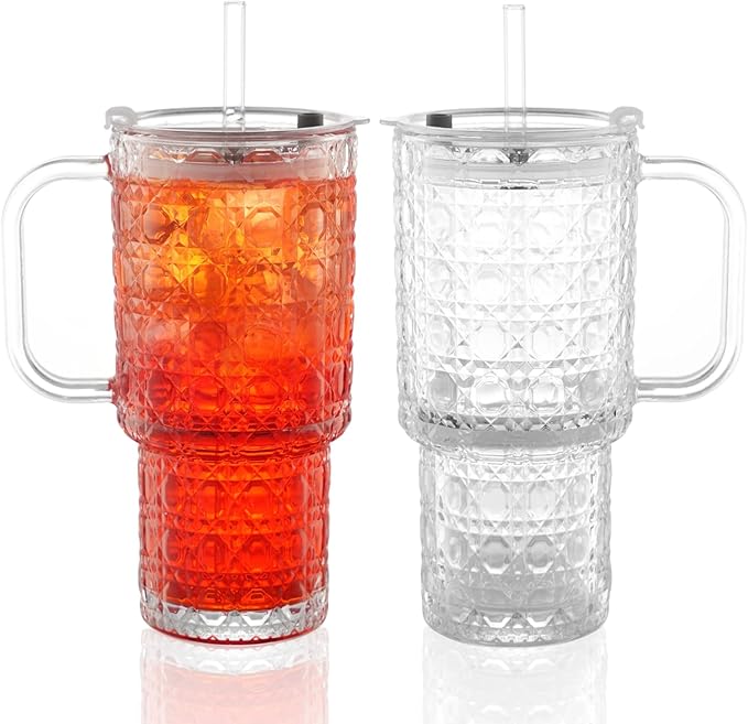 20 oz Glass Tumbler With Lid and Straw Set, 4 Pcs Large Ribbed Glass Tumbler, Reusable Iced Coffee Cups for Water, Tea, Coffee, Juice, Yogurt, And Soda Water