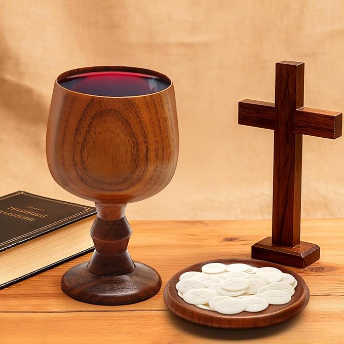 TALPGOD Handmade Wooden Communion Chalice Cup with Tray – Vintage Goblet Wine Cup for Christian Church Ceremony (5.1 Inches)