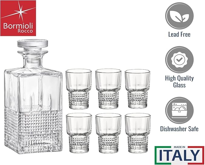 Bormioli Rocco Bartender Novecento Stackable 7-Piece Liquor Set, Includes 1 Decanter and 6 Shot Glasses for Liquor and Spirits, Clear