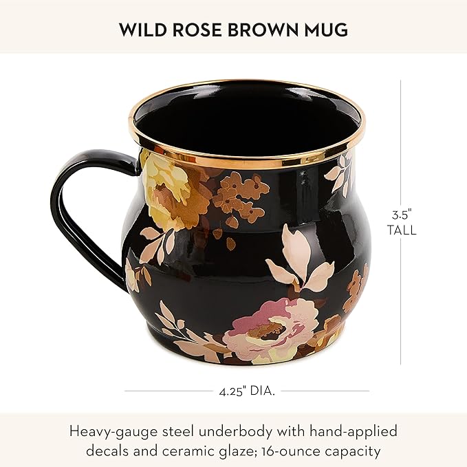MACKENZIE-CHILDS Enamel Mug, Cute Enamelware Tea or Coffee Mug, Wild Rose Brown
