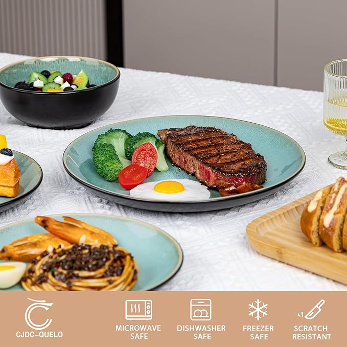 Plates and Bowls Sets for 6 - CJDC-QUELO 18-Piece Stoneware Dinnerware Sets, Ceramic Dishware Set for Indoor Kitchen Use and Formal Dining, Chip and Scratch Resistant Microwave Dishwasher Safe, Green