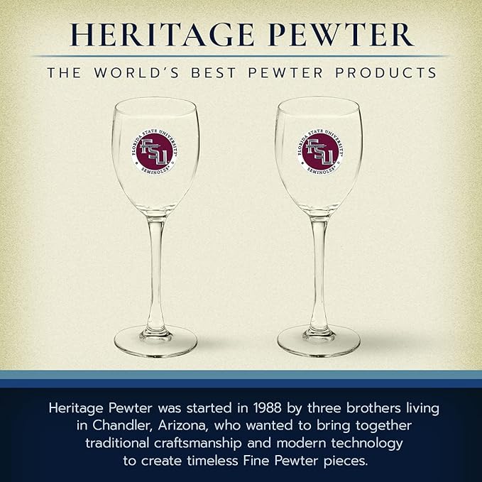 Heritage Pewter Florida State Seminoles Glass Goblets – Set of 2 | 12 OZ Goblet Wine Glasses | Expertly Crafted Pewter Glass