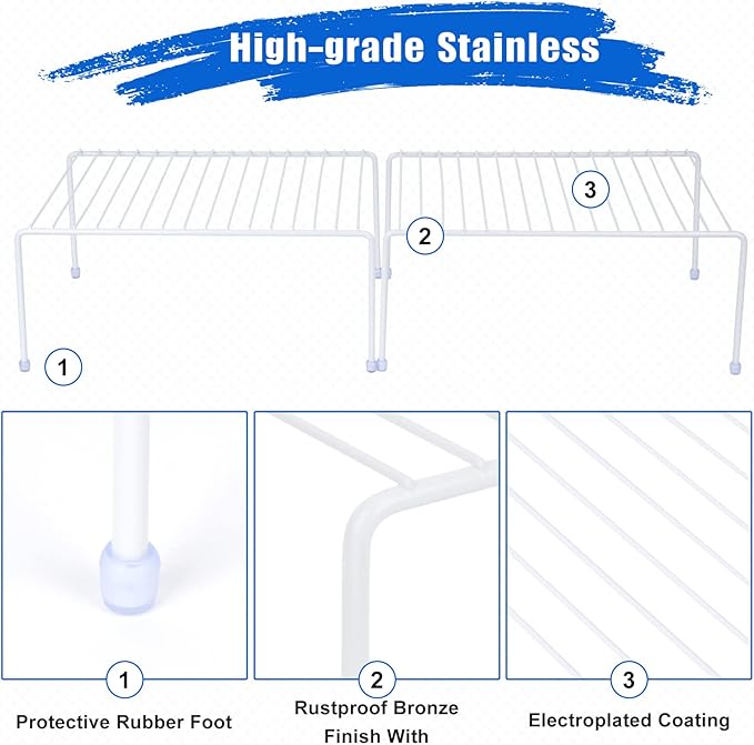 SIBAO Set of 6 Kitchen Cabinet Storage Shelf Rack - (13.1 x 10.2 Inch) /Plastic Feet - Steel Metal - Rust Resistant Finish - Cups, Dishes, Cabinet & Pantry Organization (White)
