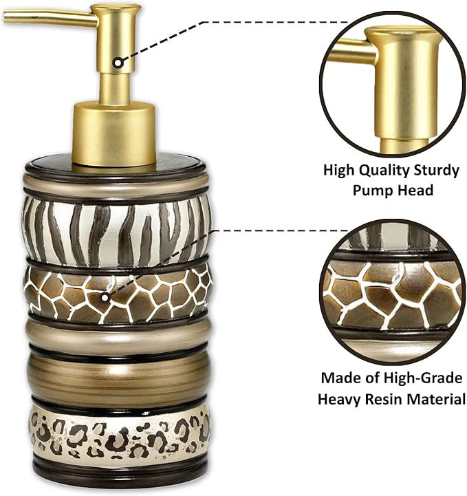 Zahari Home 4pc Safari Stripes Stylish Bathroom Accessories Set Hand Soap Dispenser, Tumbler, Tooth Brush Holder and Soap Dish Modern Classic Luxury Contemporary Decor Unique Design Stylish Bath Set