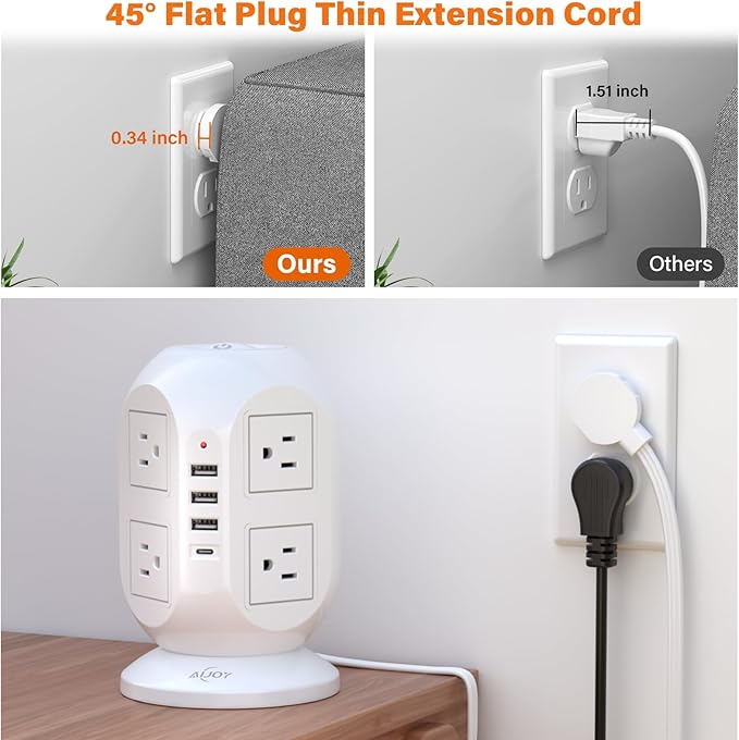 AiJoy Surge Protector Power Strip Tower with 8 Outlets 4 USB Ports(1 USB-C), 10 FT Flat Extension Cord with Multiple Outlets, Charging Tower with Surge Protection for Home Office Dorm Room Essentials