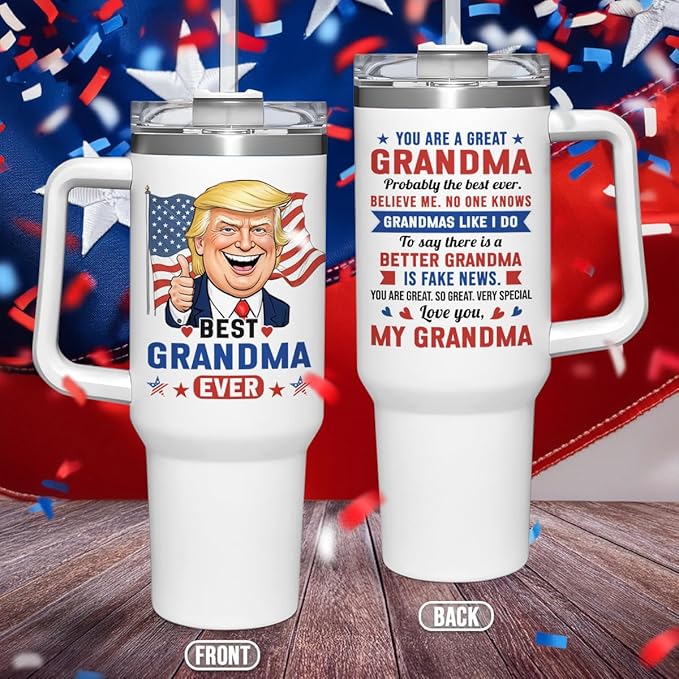 wowcugi Best Grandma Ever Tumbler with Handle 40oz, Trump Grandma Gifts for Birthday Christmas Mothers Day, Nana Gift for Grandmother Mimi Grandmom from Granddaughter Grandson