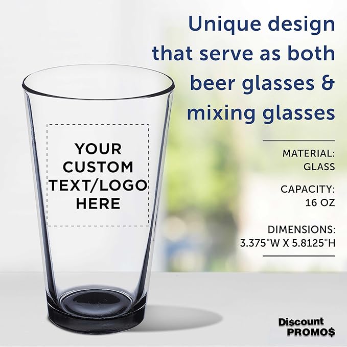 DISCOUNT PROMOS Custom Beer Pint Glasses 16 oz. Set of 10/50/100, Personalized Bulk Pack - Heavy Duty Glassware for Restaurant, Thick Base and Walls, Stackable - Black