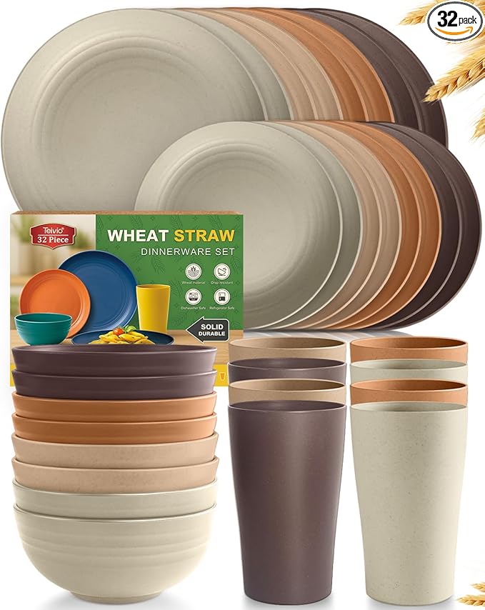 Teivio 32-Piece Kitchen Plastic Wheat Straw Dinnerware Set, Service for 8, Dinner Plates, Dessert Plate, Cereal Bowls, Cups, Unbreakable Colorful Plastic Outdoor Camping Dishes, Desert