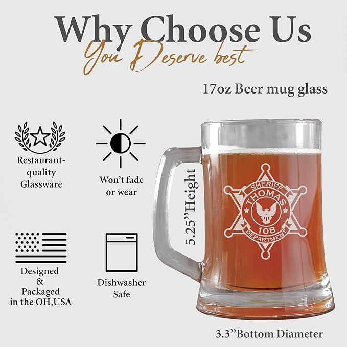 Personalized Beer Pint with Sheriff Badge for Law Enforcement, Custom Name and Number, Engraved Beer Glass with handle, Custom Gift For Men Dad Father's Day Police Officer