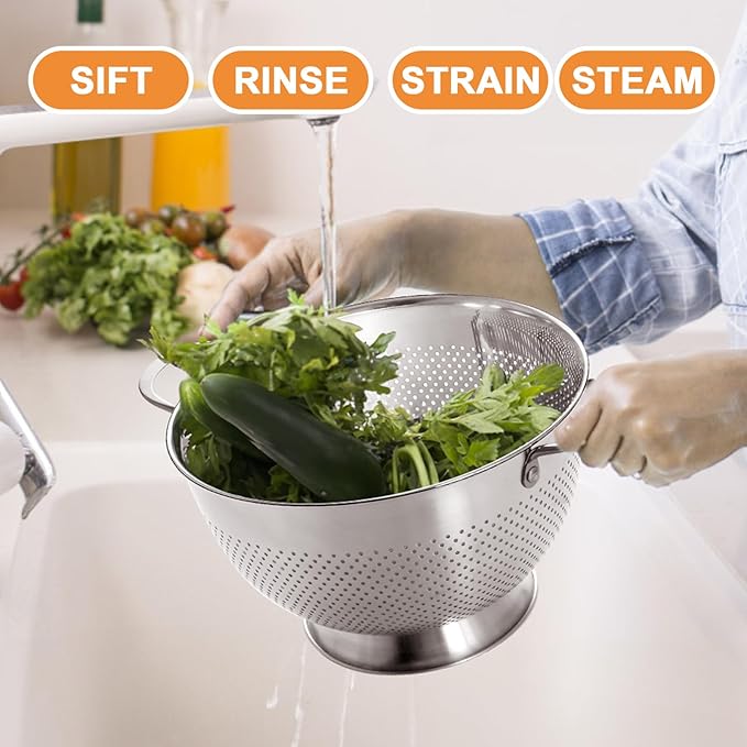 Stainless Steel Colander Set of 3 (1-3.5-5Quart) | Durable Rice and Pasta Strainer with Handle | Oversized Handles | Nesting Design | Rust-Resistant & Dishwasher Safe