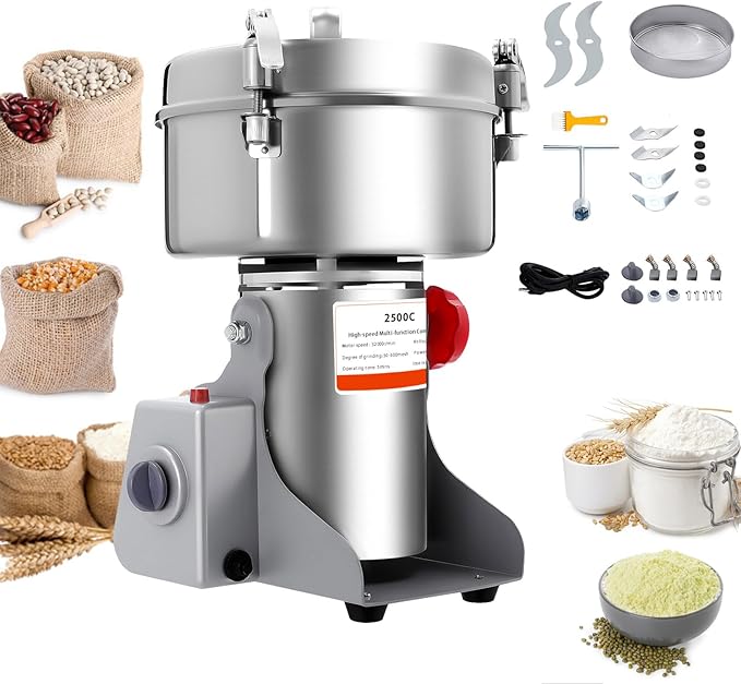2500g High Speed Food Electric Stainless Steel Grinder Mill Seeds,4500W Electric Grain Mill,32000r/min,Flour Nut Pill Wheat Corn Herbs Spices & Seasonings Dry Grinder (2500g)
