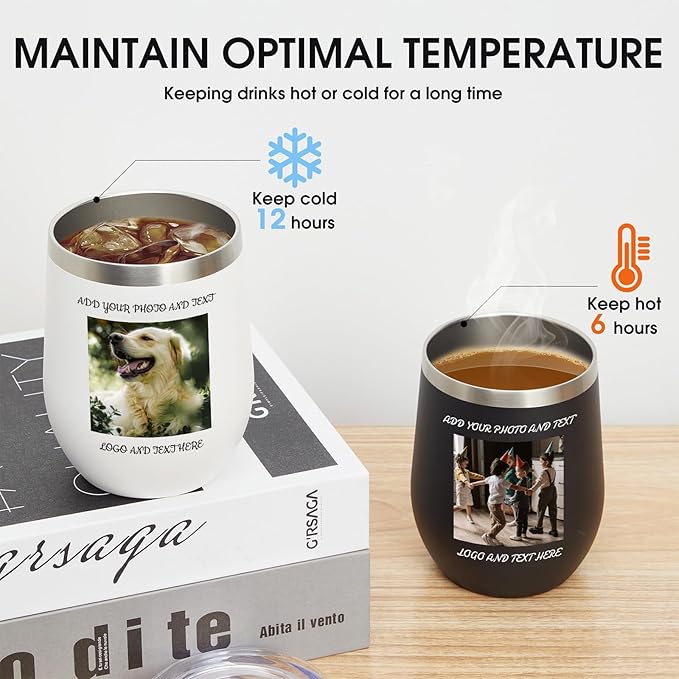 Personalized Wine Tumbler, 12oz Custom Stainless Steel Coffee Mug, Customizable with Picture and Names Engraving,Insulated Tumblers with Lids,Suitable for Woman,Men,Families and Travel