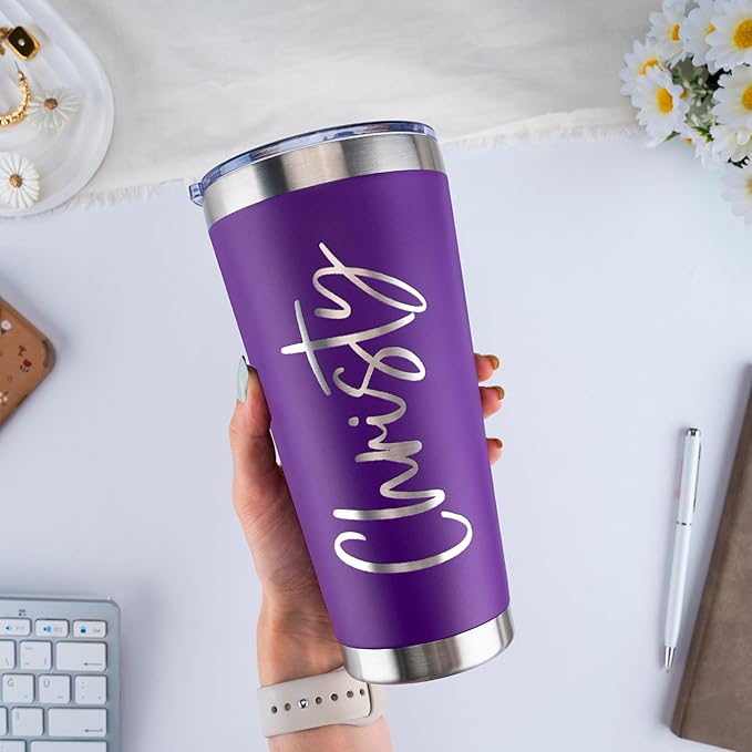 Updated, Personalized Tumblers, Stainless Steel 30 oz Tumbler w/Lid |13 Designs| Personalized Cups Double Walled Insulated Coffee Cup for Travel, Fitness | Hot & Cold Drink Use - Purple