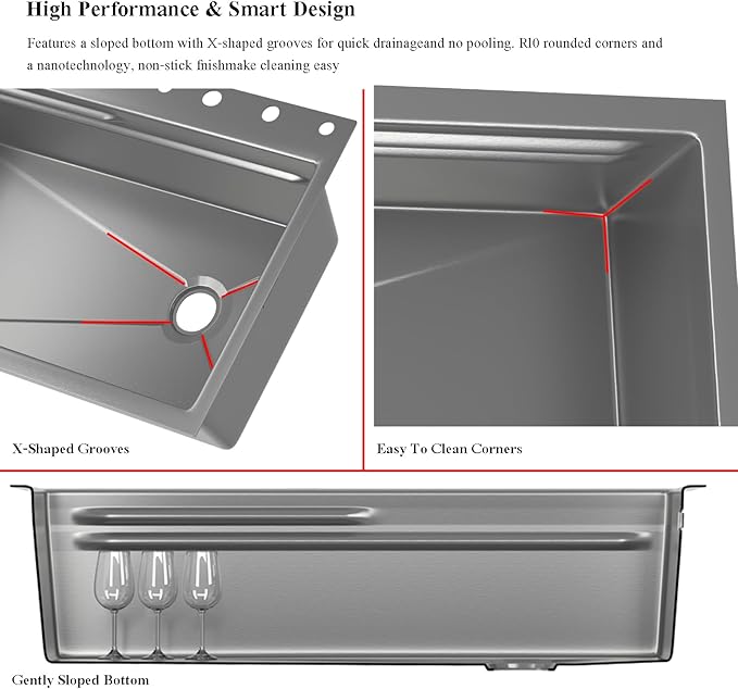 Double Waterfall Kitchen Sink 33 x 22 in 9 Gauge Stainless Steel Smart Kitchen Sink Digital Display Modern Sinks With Soap Dispenser Single Bowl Workstation Sinks