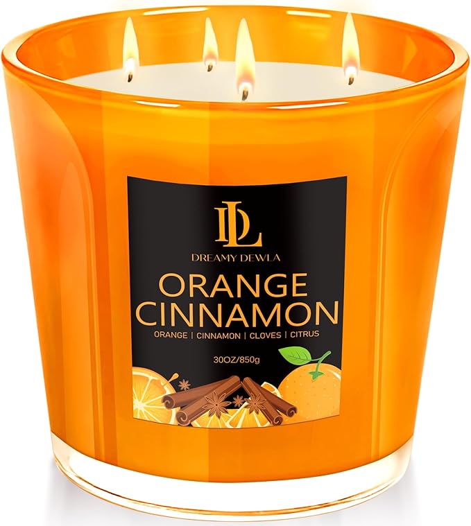 Large Fall Candle Orange Cinnamon Scented, 4 Wick Natural Soy Candles for Home Scented, 30oz Big Autumn Candle Long Lasting, Home Aromatherapy Candles Housewarming Gift for Women Men