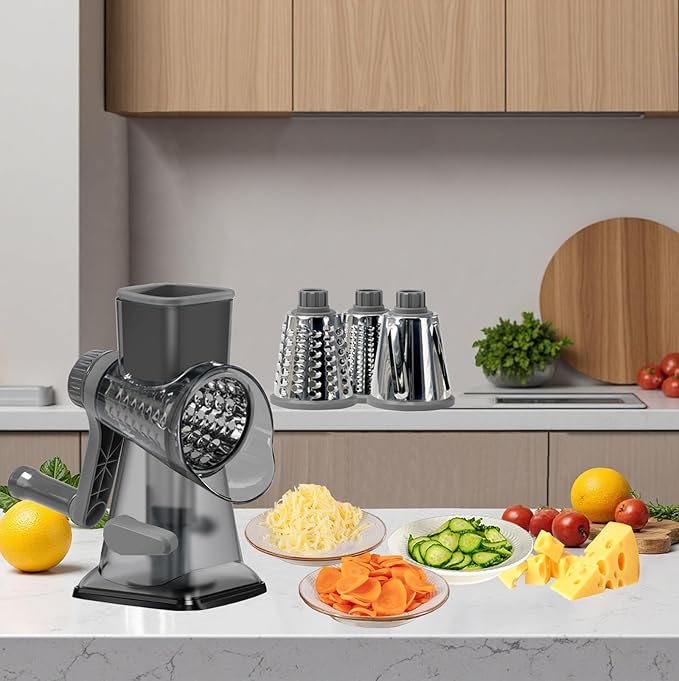 Cheese Grater with Handle,Multifunctional Rotary Cheese Grater,Kitchen Cheese Shredder Can Easily Chop Vegetables,Potatoes,Carrots,Etc.The Suction Cup is Stable and Easy to Clean (gray)