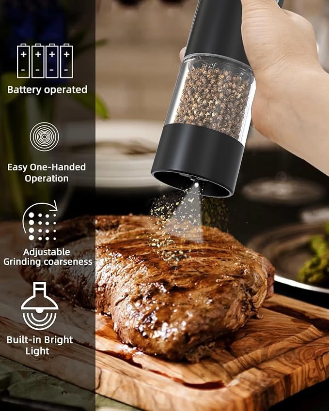 Electric Salt and Pepper Grinder Set: - Battery Powered Pepper Mill Automatic Salt Shakers Adjustable Coarseness White Light One Hand Operation Storage Base