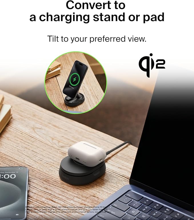 Belkin Convertible Magnetic Charging Stand 15W - MagSafe-Compatible Fast Qi2 Charger, iPhone Charger for Apple iPhone 16, 16 Plus, 16 Pro, 16 Pro Max, iPhone 15 & 14, Apple Airpods Pro, & More - Black