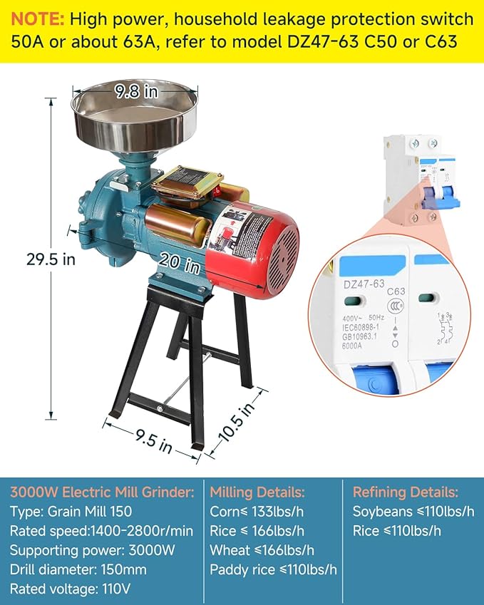 NAIZEA Electric Grain Grinder Mill, 3000W 110V Commercial Spice Wheat Grinders, Flour Corn Mills w/Funnel,Corn Grinders Machine for Corn, Wheat, Rice, Cereals(Dry Cereals Grinder)