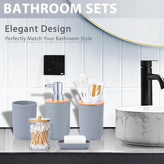 iMucci Bathroom Accessories Set 5Piece Grey Bathroom Sets, Toothbrush Holder, Toothbrush Cup, Lotion Soap Dispenser, Soap Dish and Qtip Holder Bathroom Decor
