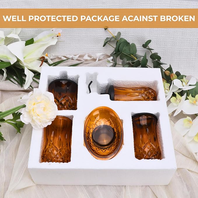 Bathroom Accessories Set,5 Pcs Amber Glass Bathroom Accessory Set, Complete Lotion Soap Dispenser, Toothbrush Holder, Soap Dish, Tumbler & Jar, Modern Bathroom Decor Sets,Gift for Home Apartment,Round