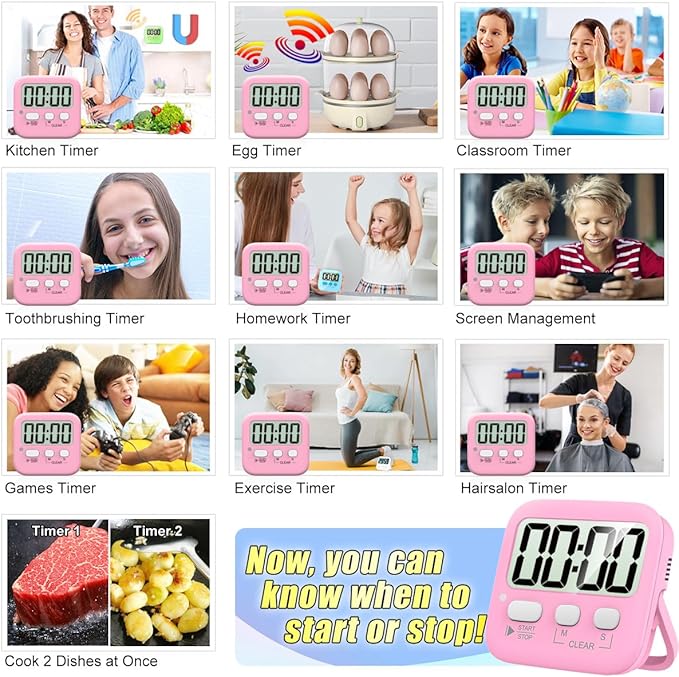 Antonki 2 Pack Digital Timer for Kids, Magnetic Countdown Kitchen Timers for Cooking, Egg, Classroom, Teacher, Exercise, Study, Oven - Battery Included