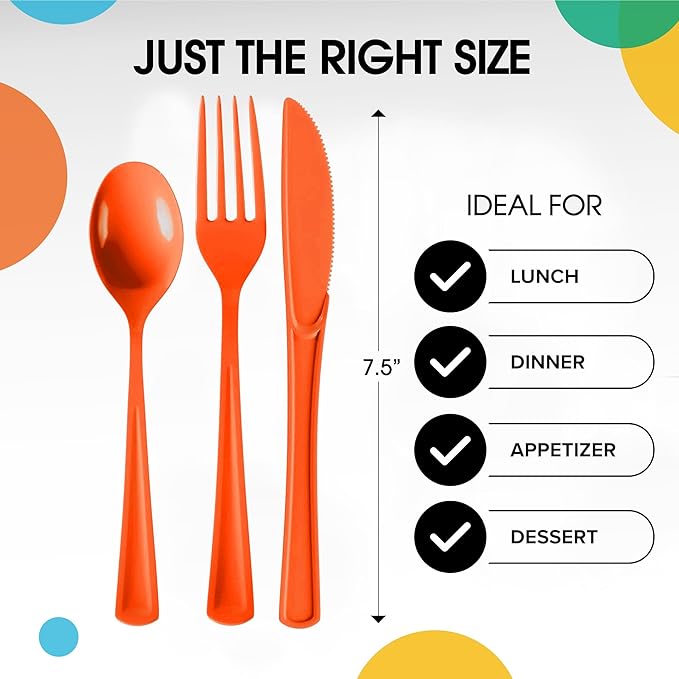 Party Solids Orange Plastic Silverware Heavy Duty 150 Pieces Orange Disposable Silverware Heavy Duty, Utensil Sets, 50 Of Each Forks, Knives & Spoons Disposable Cutlery Set For Party Supplies
