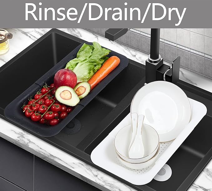 Adjustable Over the Sink Colander Strainer, Silicone Clip On Strainer for Pots Strainers and Colanders Plastic Drainer Basket for Food Pasta Vegetables Kitchen, Extendable 14.5"-19.5", Black