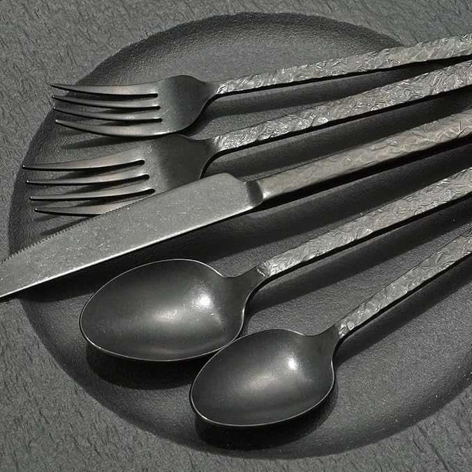 KINGSTONE 30 Pcs Black Hammered Silverware Set for 6, 18/10 Stainless Steel Heavy Duty Flatware Set, Tableware Cutlery Utensil Sets for Home Restaurant Dishwasher Safe