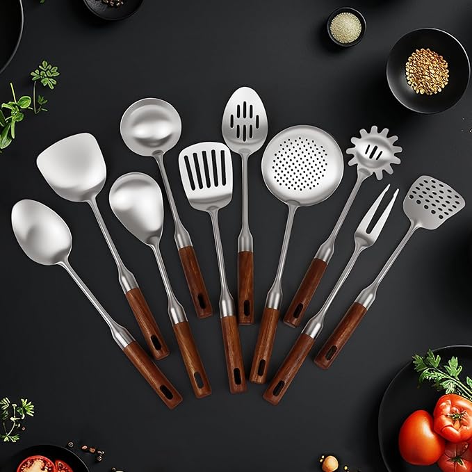 Stainless Steel Kitchen Utensils Set with Wood Handle,10PCS Metal Cooking Utensils Set, Stainless Steel Cooking Utensils Sets Heat Resistant Wok Tools(12-15in)