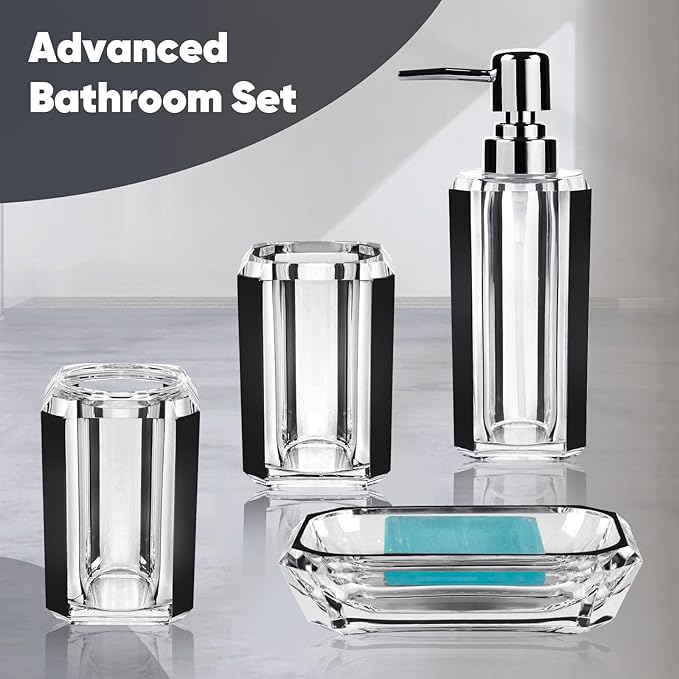 4 Piece Premium Acrylic Bathroom Accessory Set, Hand Sanitizer Bottle, Lotion Can Bathroom Suit, Separate Bottle Soap Box, Mouthwash Cup, Toothbrush Cup(Brushed Black)