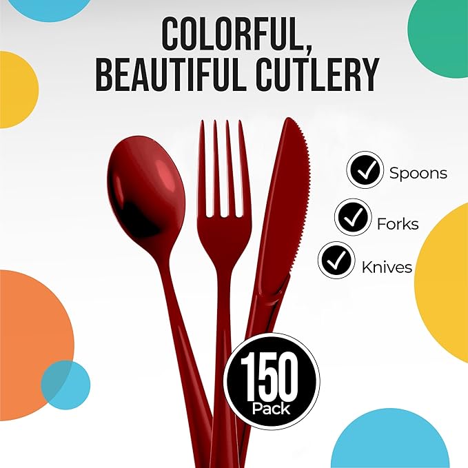 Party Solids Burgundy Plastic Silverware Heavy Duty 150 Pieces Burgundy Disposable Silverware Heavy Duty, Utensil Sets, 50 Of Each Forks, Knives & Spoons Disposable Cutlery Set For Party Supplies