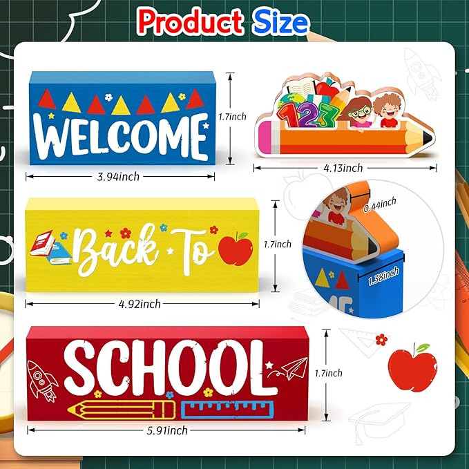 Welcome Back to School Table Decorations, 1st Day of School Wooden Block Sign Pencil Centerpieces for Party, The First Day Banner, Classroom Decor for Kids Teacher Desk Gifts, Tiered Tray and TableTop