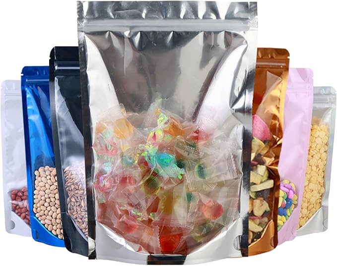 150-pack 7" x 10" Large Stand Up Mylar Bags with Clear Window 1 Quart Resealable Foil Pouches for Food Storage Smell Proof Edible Packaging Bag for Cookies and Small Business, Bulk
