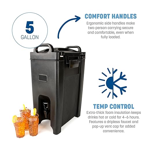 Carlisle FoodService Products 5-Gallon Insulated Beverage Dispenser, Cateraide, Food-Grade with Handles, Rugged PE Shell with PU Insulation for Coffee, Tea and Hot or Cold Drinks, Black - Made in USA