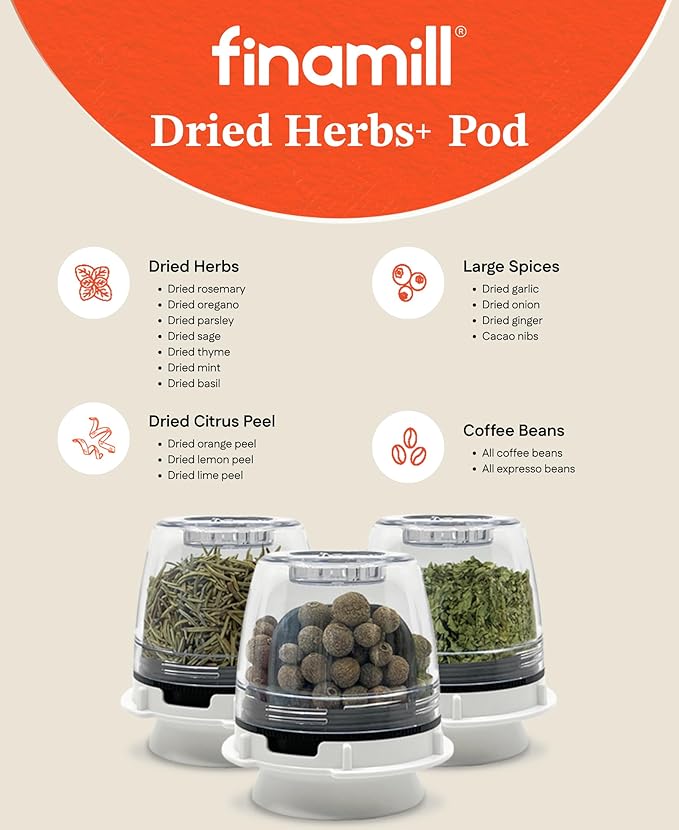 FinaMill Dried Herbs+ Pod – Single Refillable Spice Pod for Dried Herbs & Larger Spices, Adjustable Ceramic Grinder, Compatible with All FinaMill Spice Grinders