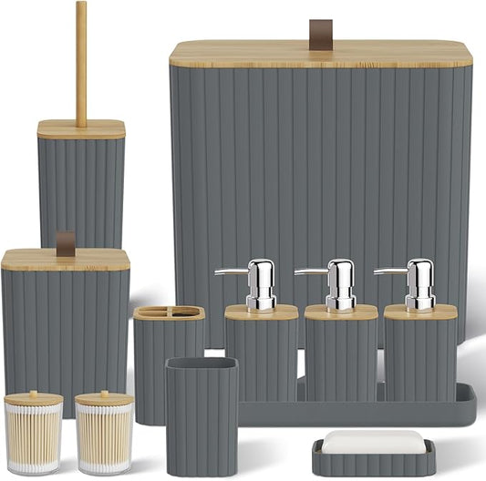 Bathroom Accessory Set - Grey Bathroom Set, 12PC Bathroom Accessories Set, Grey Bathroom Accessories Set, Mini Trash Can, Toilet Brush, Trash Can & Soap Dispenser