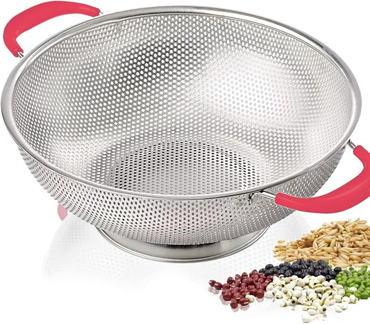5-Quart Colander 18/8 Stainless Steel Colander Silicone Handle Large Heavy Duty Professional Kitchen Strainer Great For Pasta, Berry, Veggies, Noodles, Fruits - Pink