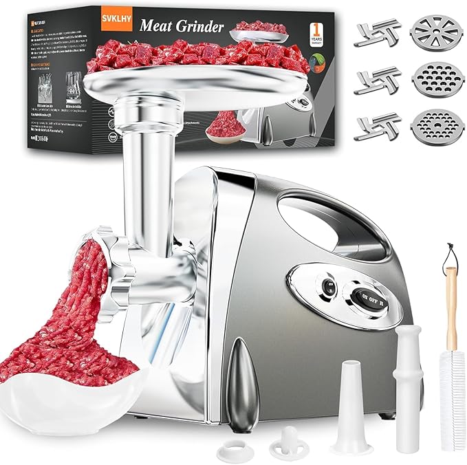 Electric Meat Grinder: [3000W Superior Motor] [Exquisite Box] Meat Grinder with 6 PCS Stainless Steel Blades & Grinding Plates, Sausage Stuffer Tubes & Kubbe Kit Portable Handle for Gift (Space Gray)