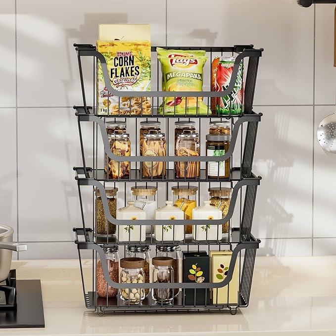 4 Pcs Stackable Wire Baskets for Pantry Organizers and Storage,Vegetable Fruit Basket for Countertop,Kitchen Storage Metal Baskets,Produce Potato Onion Storage Bin,Black