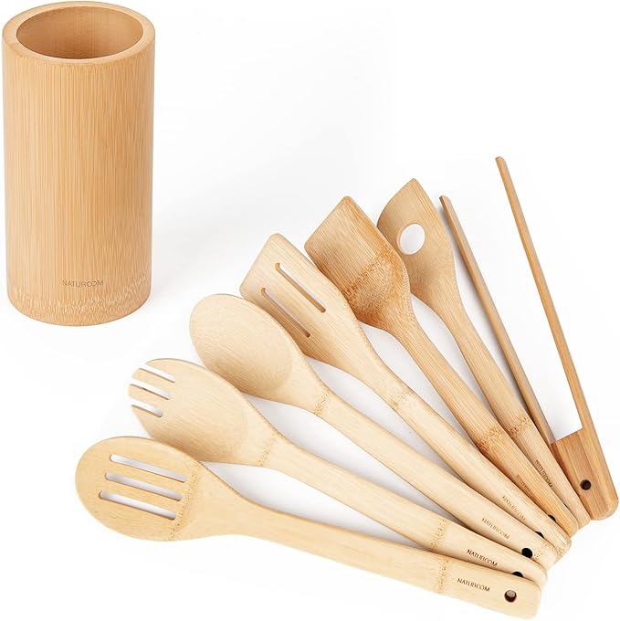 Naturoom Kitchen Utensils Set of 8 PCS, 12Inches Bamboo Wooden Cooking Spoon & Spatula Tools Perfect for Non-Stick Cookware (Bamboo 12inches)