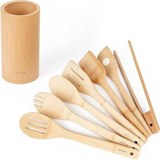 Naturoom Kitchen Utensils Set of 8 PCS, 12Inches Bamboo Wooden Cooking Spoon & Spatula Tools Perfect for Non-Stick Cookware (Bamboo 12inches)