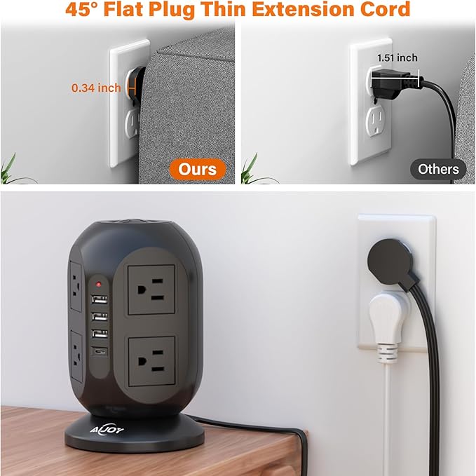 AiJoy Surge Protector Power Strip Tower with 8 Outlets 4 USB Ports(1 USB-C), 10 FT Flat Extension Cord with Multiple Outlets, Charging Tower with Surge Protection for Home Office Dorm Room Essentials