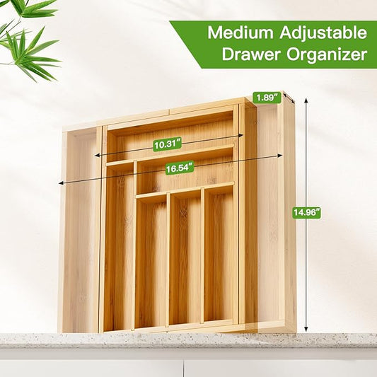 Pipishell Bamboo Expandable Drawer Organizer for Utensils Holder, Adjustable Cutlery Tray, Wood Drawer Dividers Organizer for Silverware, Flatware, Knives in Kitchen, Bedroom, Living Room(M-N)