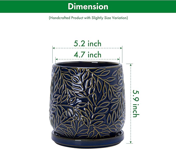 D'vine Dev 5 Inch Embossed Leaves Stoneware Planter Pot with Drainage Hole and Saucer, Midnight Blue, Set of 2, 27-F-V-3