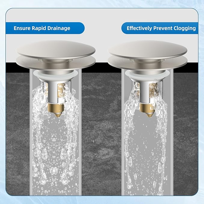 iFealClear Universal Bathroom Sink Stopper, Metal Pop Up Sink Drain Strainer with Hair Catcher Basket, Fit 1.1"-2.36" US Basin, Wash Basin Drain Plug, Big Cover Cap, Brass Bounce Core, Brushed Nickel